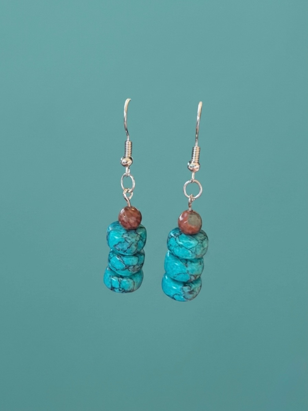 Handmade Turquoise Stack Bead Drop Earrings - Blue Turquoise with Brown Accent